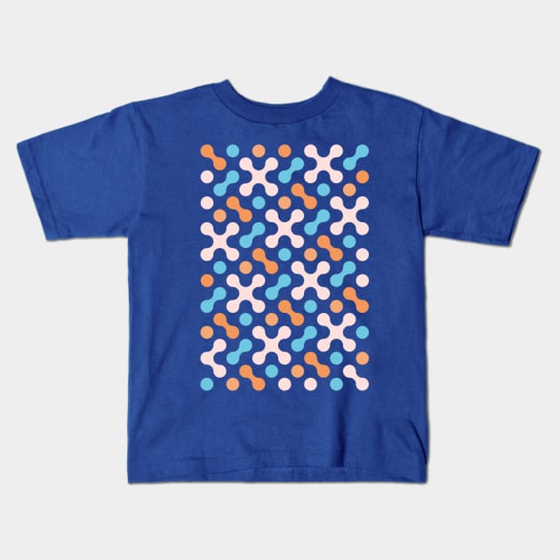 Pink crosses and circles on a blue background Kids T-Shirt by lents